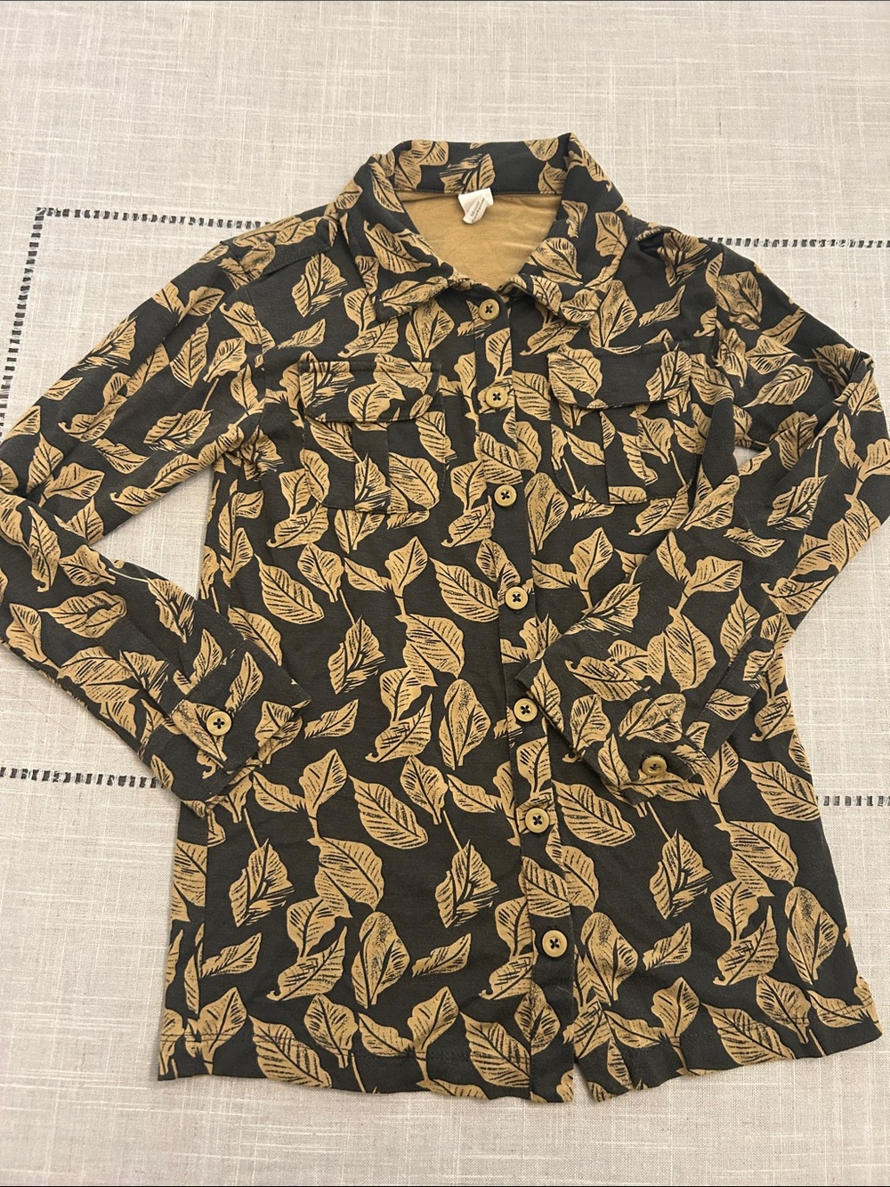 kate quinn Black Button-Up Shirt with Tan Leaf Print
